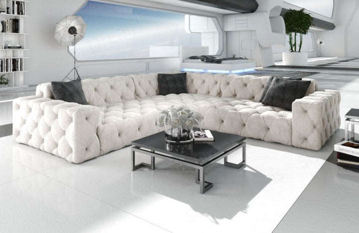 Moderne Polster Eckcouch Menorca L Form mit Samtstoff-Bezug in Beige