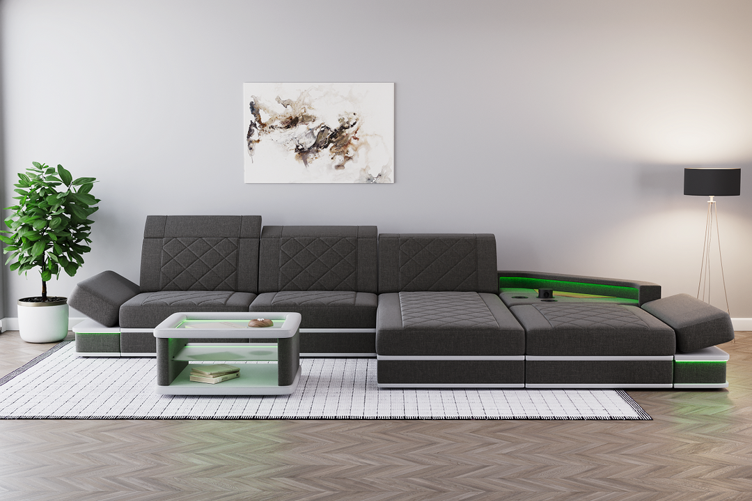 Polster Ecksofa Perugia L Form Stoff in schwarzgrau - Hugo12 Strukturstoff