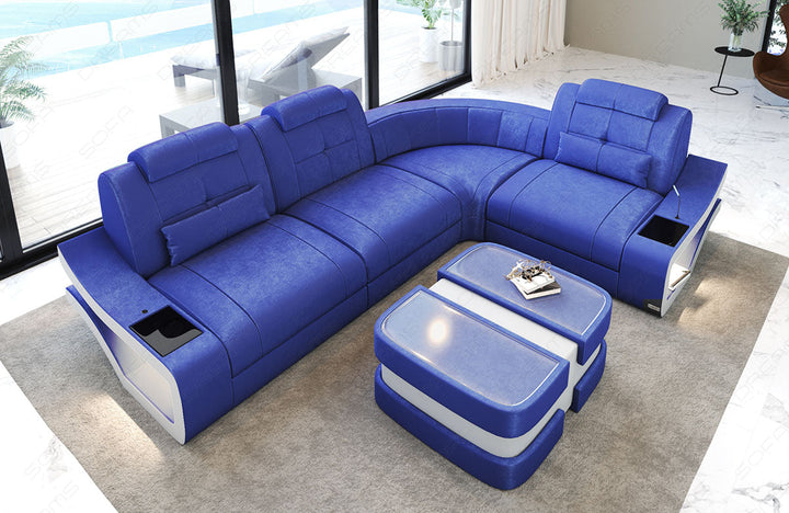 L Form Sofa Elena Mini mit LED und Stoffbezug in blau - SunVelvet1027 - Nebenfarbe weiÃŸ