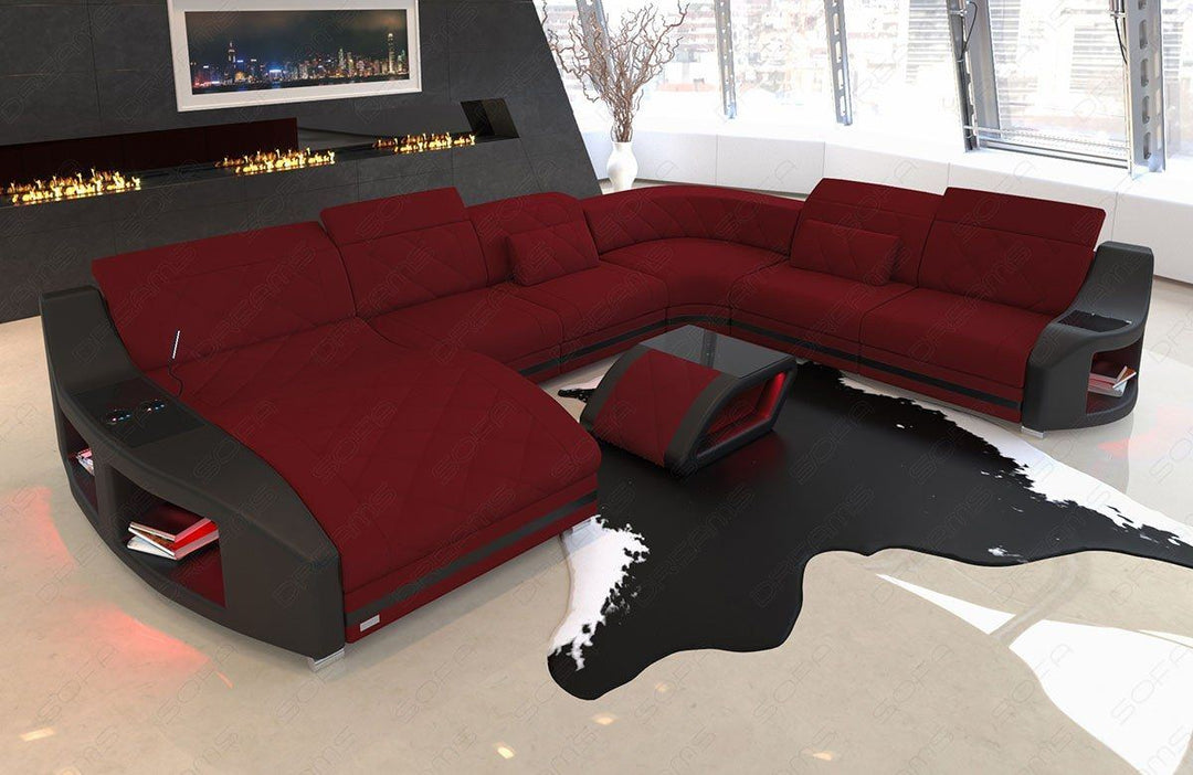 XXL Stoffsofa Swing Mini U Form Sofa mit LED und Ottomane und kÃ¼hlenden Becherhaltern in rot - Mineva10 