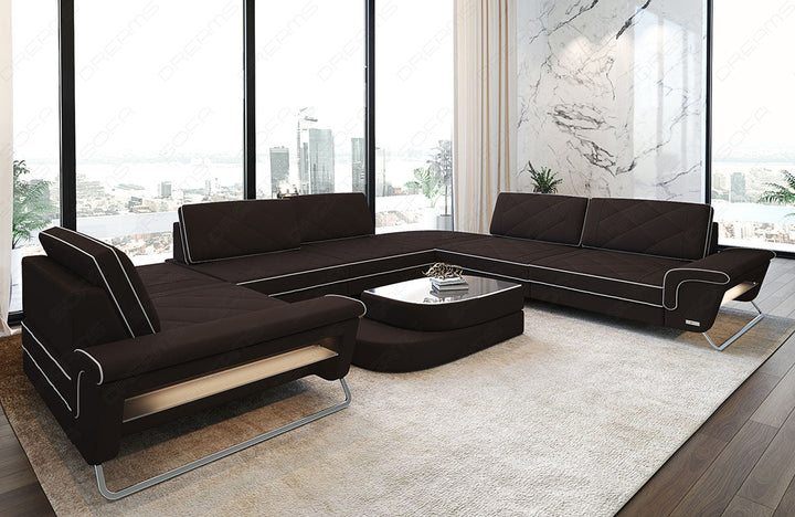 Sofa Wohnlandschaft Rotello U Form Stoff in mokka - Mineva18 Mikrofaser Stoff