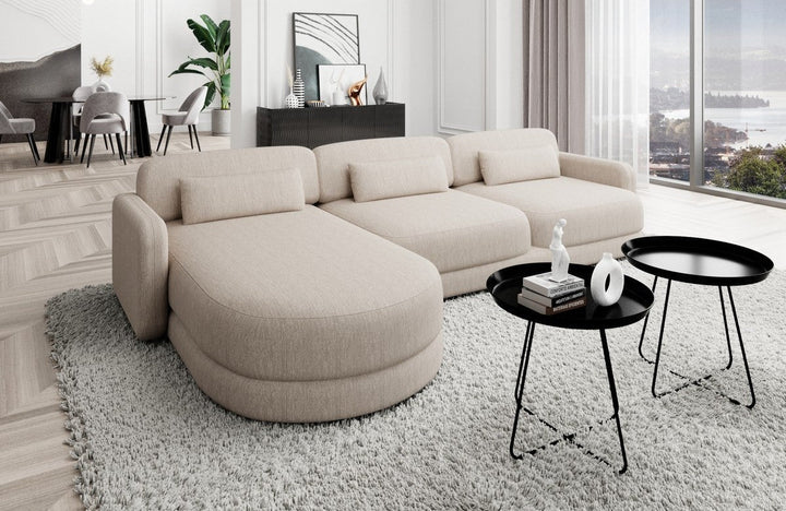 Moderne Stoffcouch Valencia L Form kurz mit Strukturstoffbezug - Beige