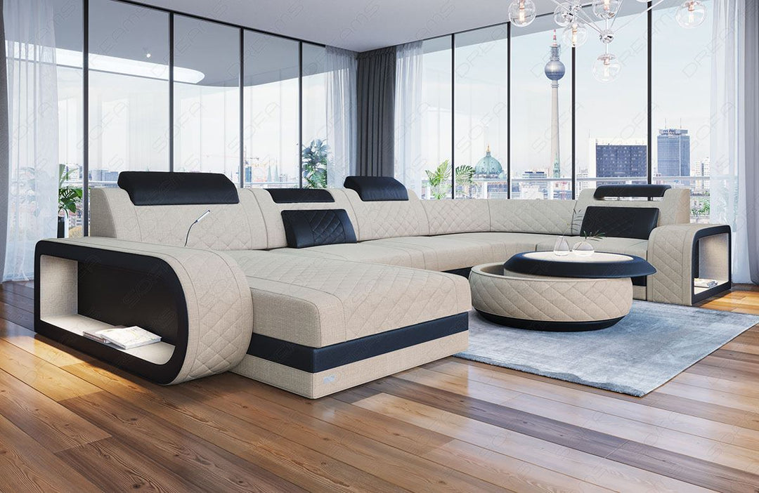 Sofa Berlin U Form in Stoff als Stoffsofa Mini in elfenbein - Hugo1 Strukturstoff
