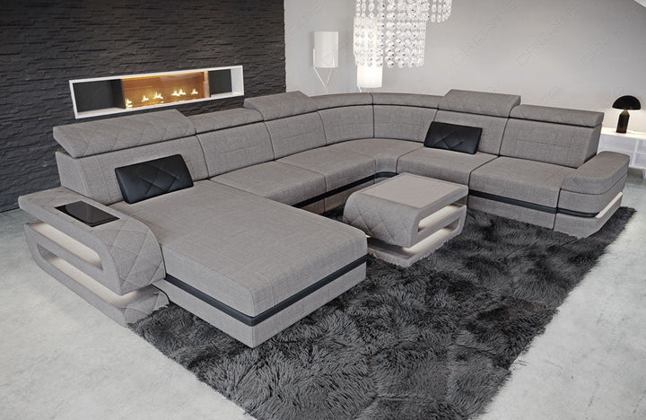 XXL Stoffsofa Bologna Mini U Form Sofa mit LED in hellgrau - Hugo19 Akzentfarbe schwarz