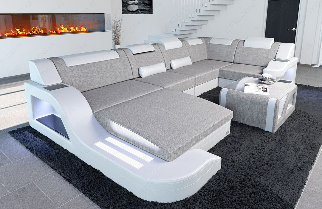 Moderne Stoff Wohnlandschaft Palermo U Form mit LED in macchiato - Hugo2 Strukturstoff