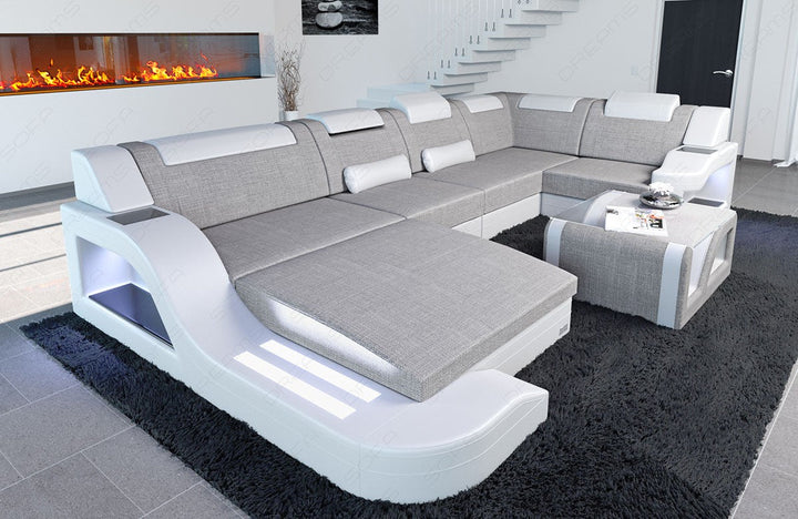Moderne Stoff Wohnlandschaft Palermo U Form mit LED Leder Stoff Mix macchiato - Hugo2