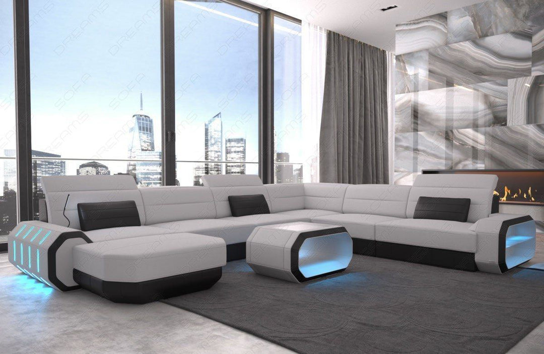 XXL Stoffsofa Roma U Form Sofa Mini mit LED in elfenbein - Hugo1 Strukturstoff