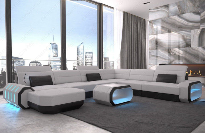 XXL Stoffsofa Roma U Form Sofa Mini mit LED in elfenbein - Hugo1 Strukturstoff