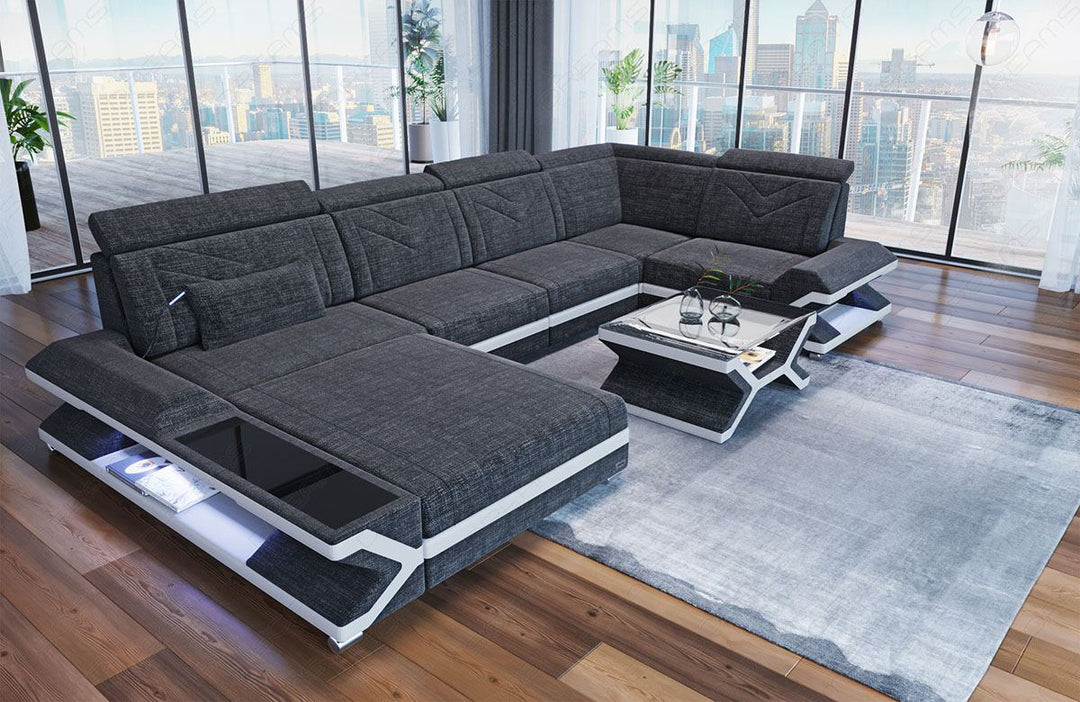 Mini U Form Stoffsofa Napoli -Sofa mit LED und USB in schwarz-grau - Hugo12 Strukturstoff