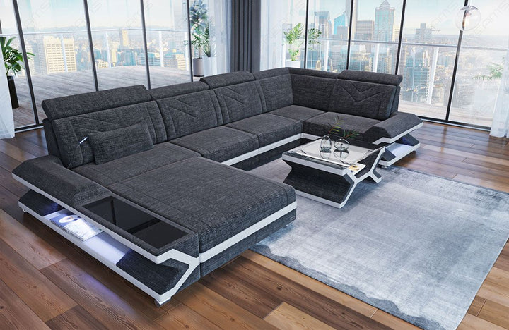 Mini U Form Stoffsofa Napoli -Sofa mit LED und USB in schwarz-grau - Hugo12 Strukturstoff