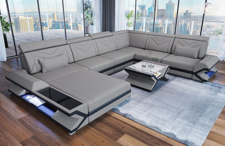 XXL Stoffsofa Napoli U Form Mini Sofa mit LED in hellgrau - Mineva12
