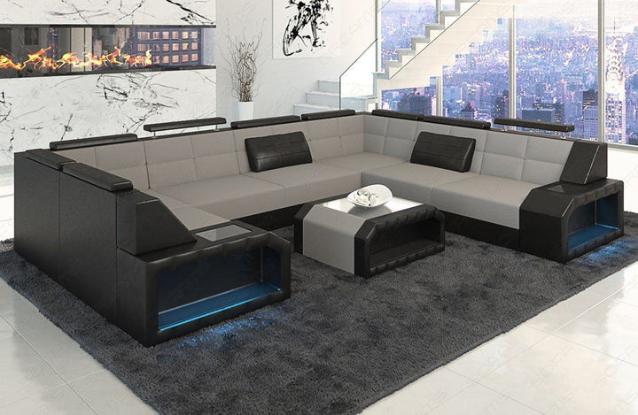 U Form Sofa Pesaro Mini mit LED, USB und Stoffbezug in hellgrau - Mineva12