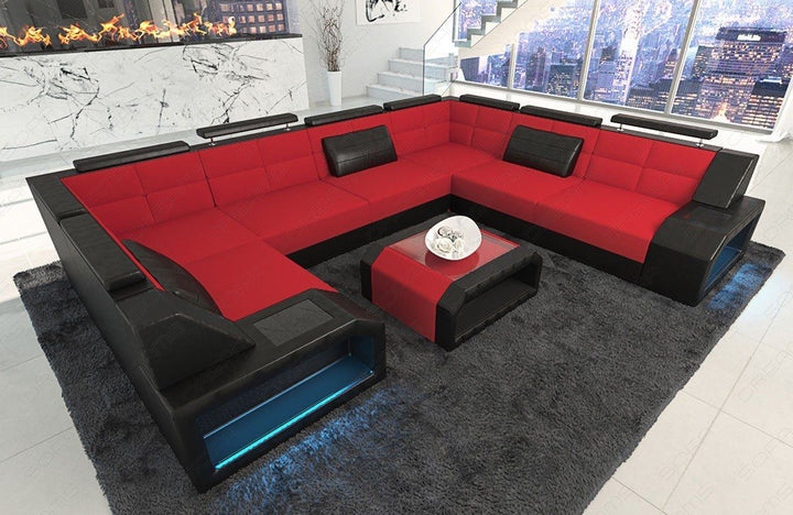 U Form Sofa Pesaro Mini mit LED, USB und Stoffbezug in rot - Mineva20