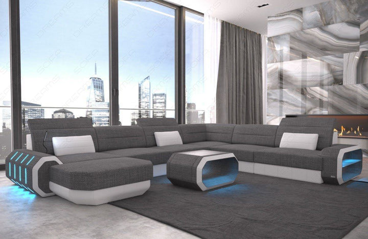 XXL Stoffsofa Roma U Form Sofa Mini mit LED in grau - Hugo5 Strukturstoff