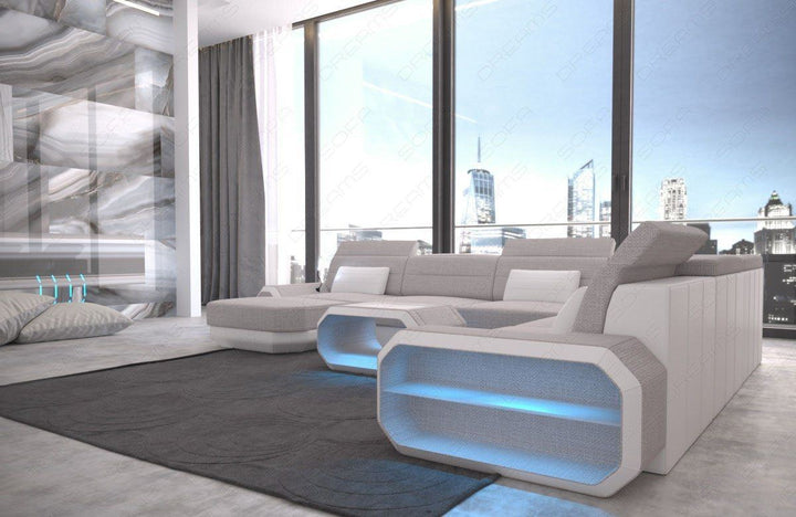 XXL Stoffsofa Roma U Form Sofa Mini mit LED in hellgrau mit LED Beleuchtung - Hugo 2