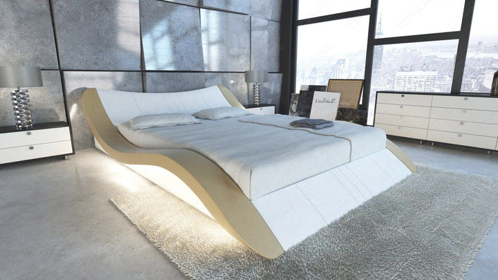 Designerbett Frankfurt Leder mit LED Beleuchtung in weiss Nebenfarbe sand-beige
