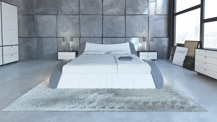 Bequemes Designer Bettgestell Frankfurt mit LED Beleuchtung in weiss Nebenfarbe grau