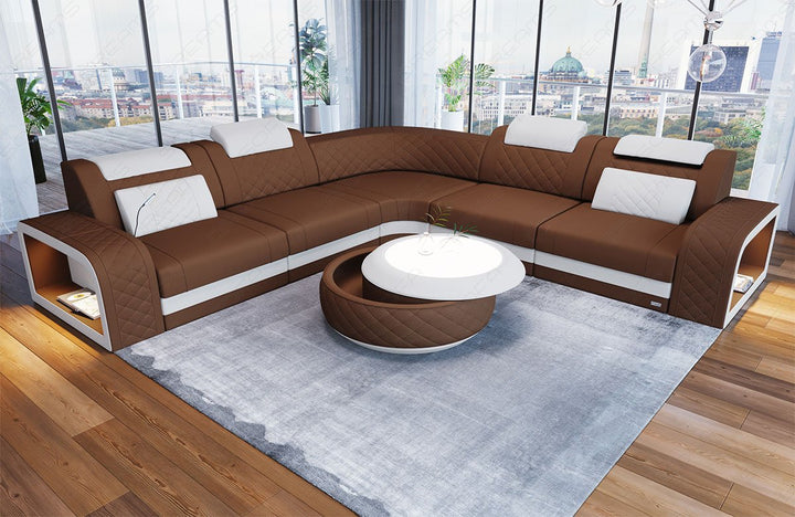 Sofa Foggia Mini L Form mit LED und Stoffbezug in hellbraun - Mineva5 - Akzentfarbe weiÃŸ