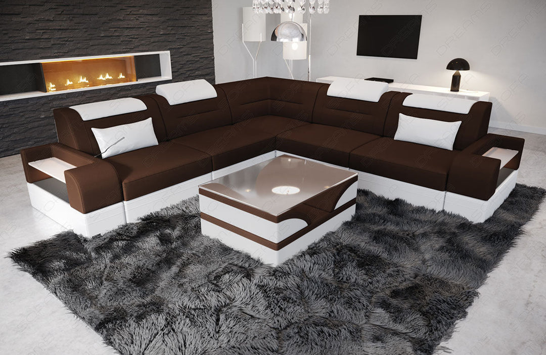Mini L Form Sofa Trivento mit LED und Stoffbezug in dunkelbraun - Mineva7 - Akzentfarbe weiÃŸ
