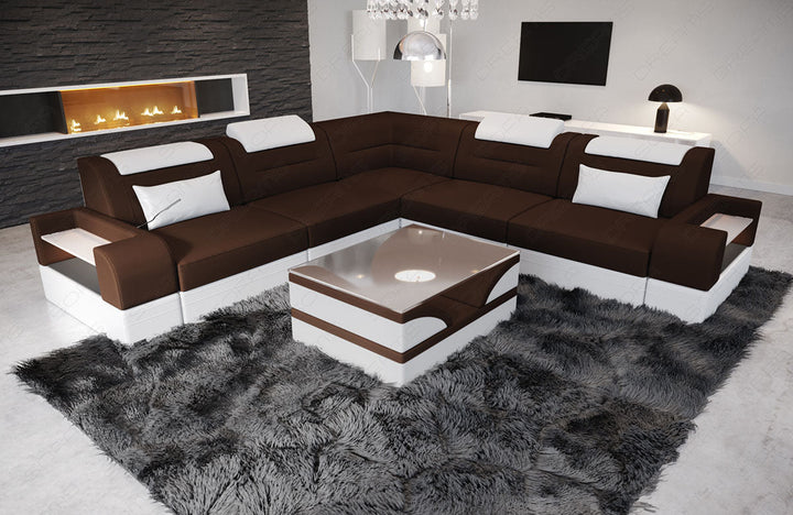 Mini L Form Sofa Trivento mit LED und Stoffbezug in dunkelbraun - Mineva7 - Akzentfarbe weiÃŸ