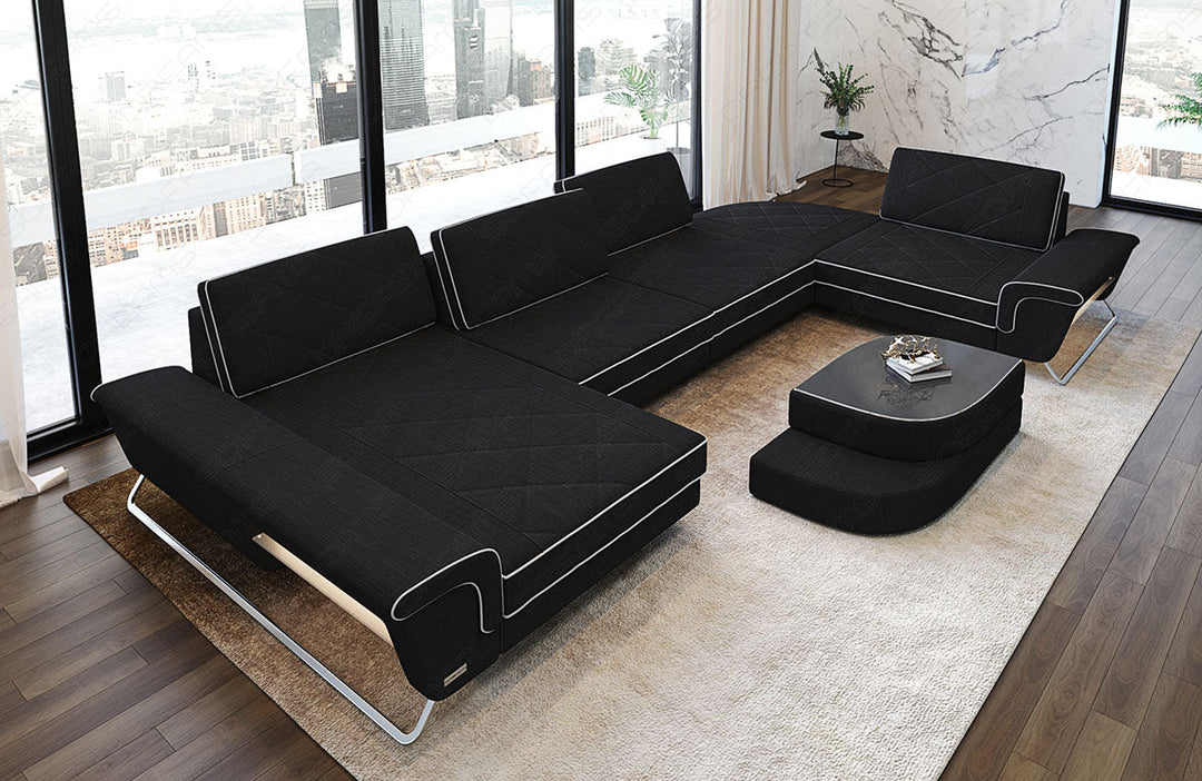 Stoff Wohnlandschaft Bari U Form in schwarz - Hugo14 Strukturstoff