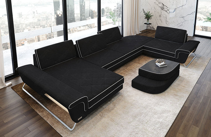 Stoff Wohnlandschaft Bari U Form in schwarz - Hugo14 Strukturstoff