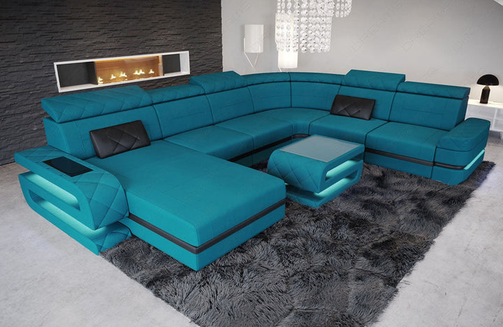 Moderne Stoff Wohnlandschaft Bologna XXL in azurblau - Mineva23 Akzentfarbe schwarz