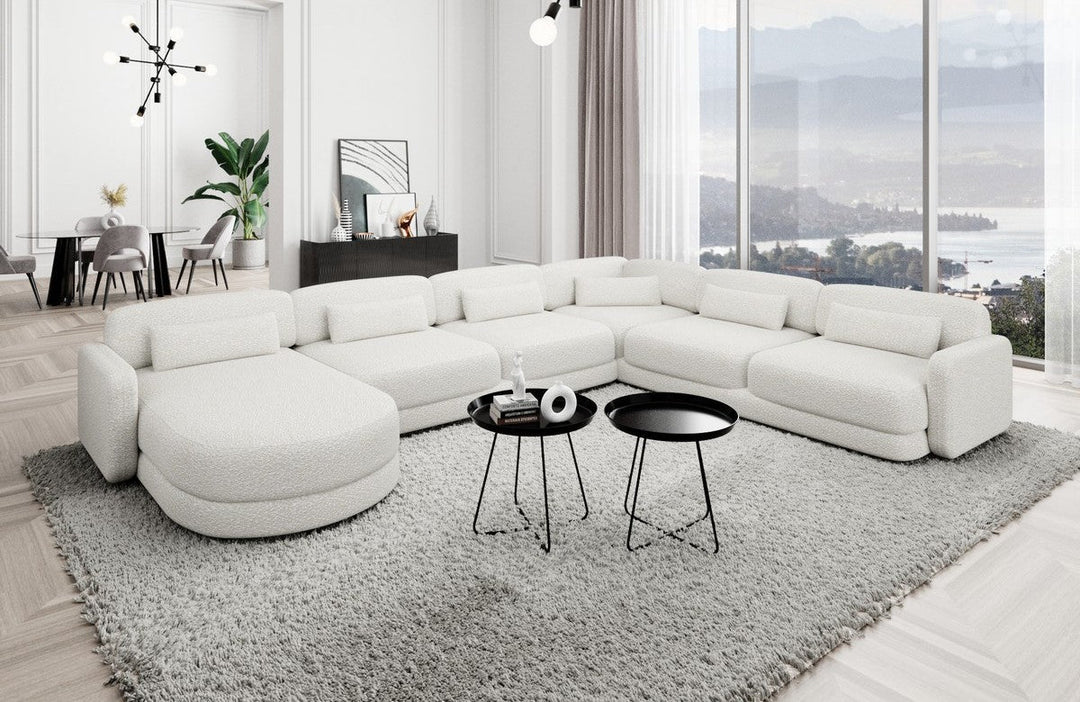 Luxus Polster Wohnlandschaft Valencia XXL mit Boucl??stoff Bezug - Weiss