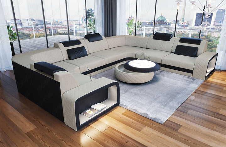 Mini U Form Sofa Foggia als Wohnlandschaft mit Stoffbezug in elfenbein - Hugo1 Strukturstoff