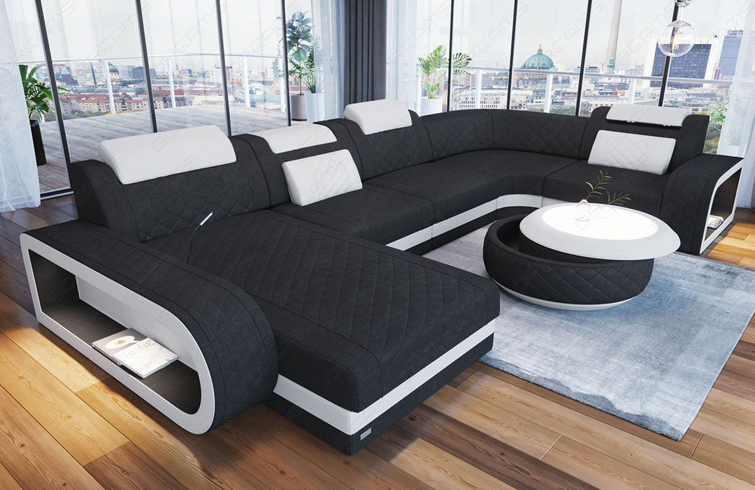 Sofa Berlin U Form in Stoff als Stoffsofa Mini in schwarz - Hugo14 Strukturstoff