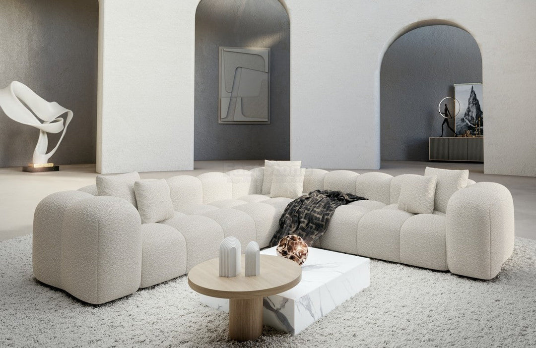 Polster Ecksofa Formentera L Form Bouclestoff in Weiss