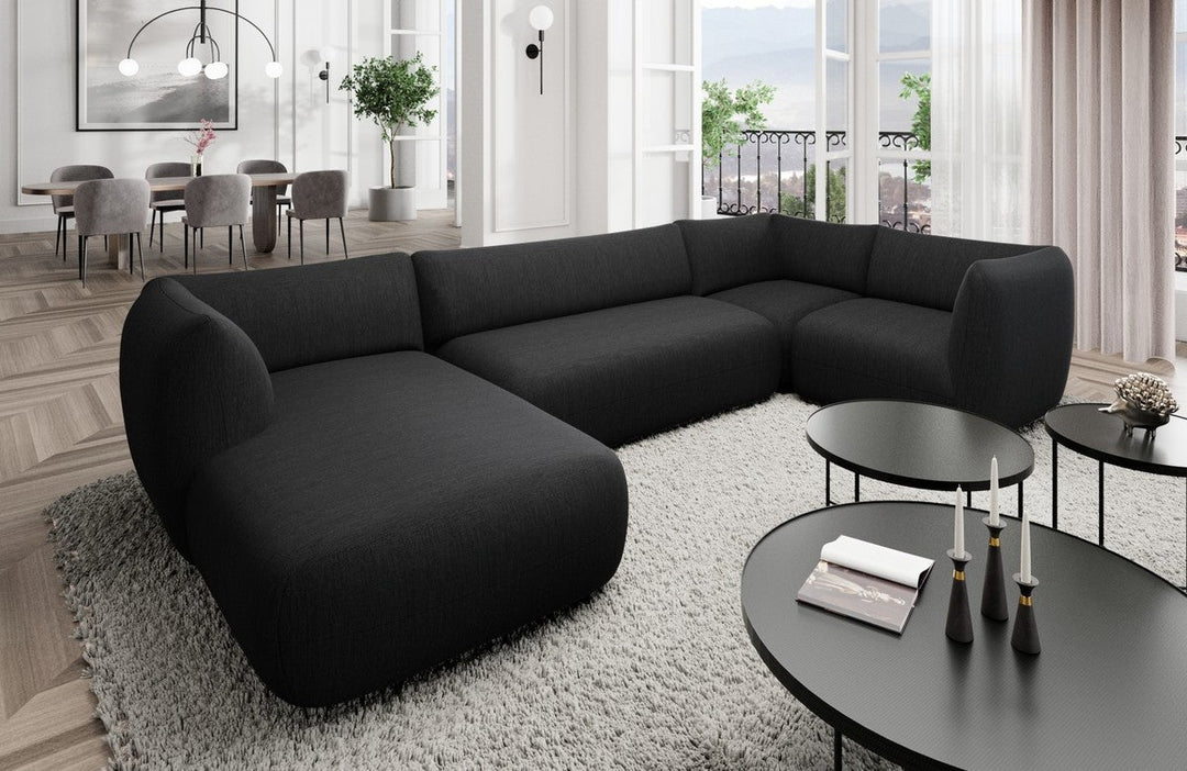 Moderne Polster Wohnlandschaft Madrid U Form mit Strukturstoff Bezug - Schwarz