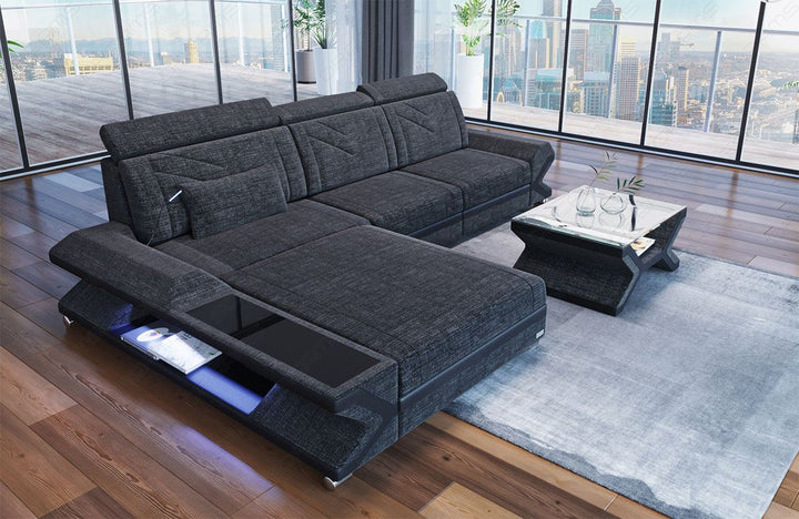 Stoffsofa Napoli - das Mini L Form Sofa mit LED und USB in schwarz-grau - Hugo12 Strukturstoff