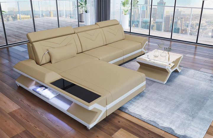Stoffsofa Napoli - das Mini L Form Sofa mit LED und USB in beige - Mineva4
