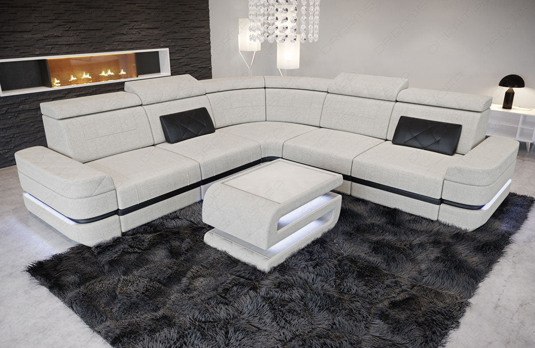 Stoff Ecksofa Positano L Form in elfenbein - Hugo1 - Nebenfarbe schwarz Strukturstoff