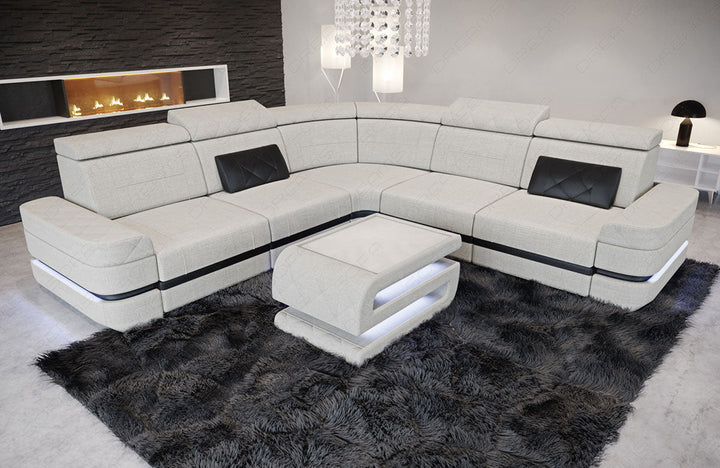 Positano L Form Sofa Mini mit Beleuchtung und Stoffbezug in elfenbein - Hugo1 - Nebenfarbe schwarz Strukturstoff