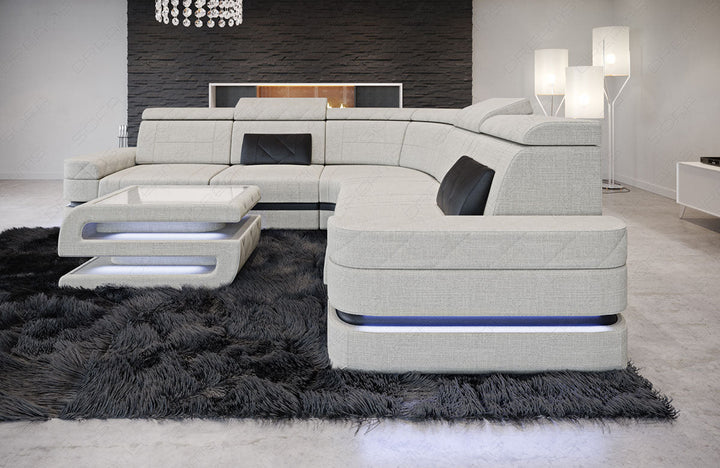 Polster Ecksofa Positano L Form in elfenbein - Hugo1 - Nebenfarbe schwarz Strukturstoff