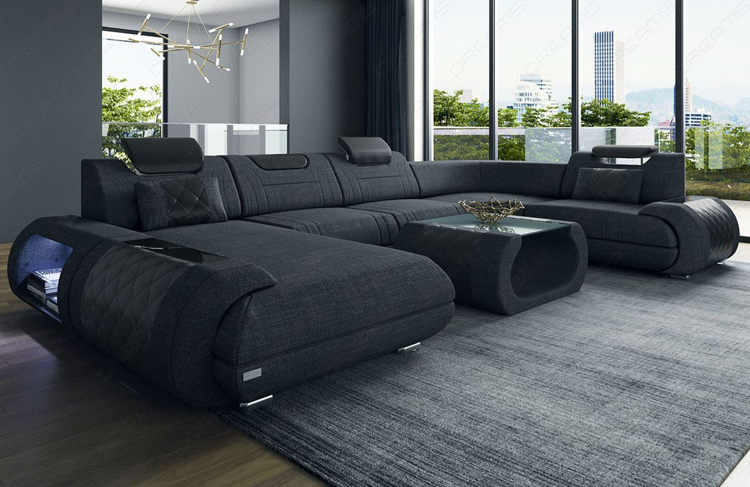 Polster Wohnlandschaft Rimini U Form in schwarz - Hugo14 Strukturstoff