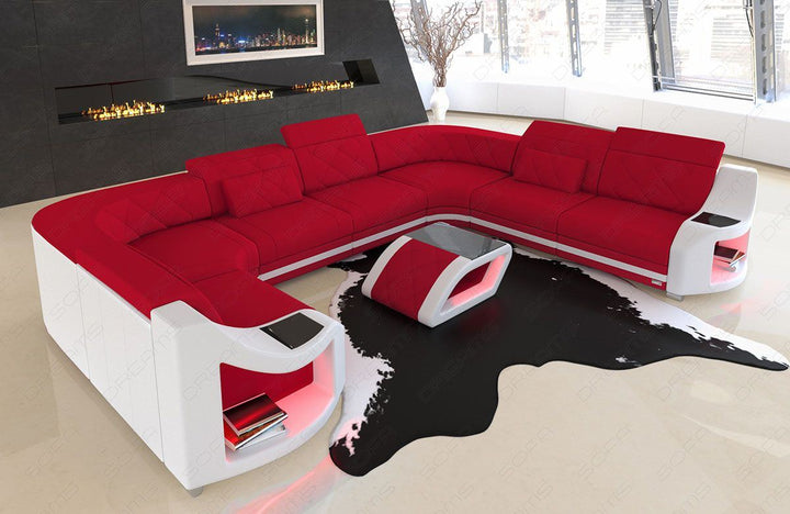 U Form Sofa Genua Mini mit LED in einem Stoffbezug in Mikrofaserstoff Mineva20 - rot
