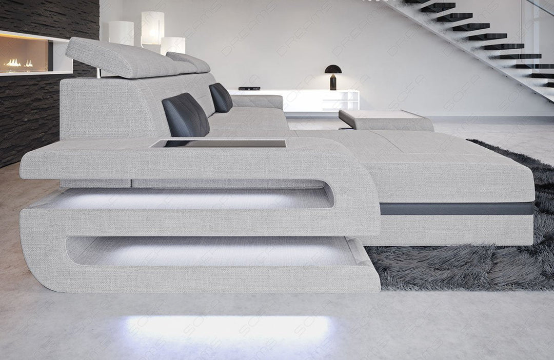 Stoffsofa Bologna Mini L Form mit LED und USB Anschluss in macchiato - Hugo2 Akzentfarbe schwarz