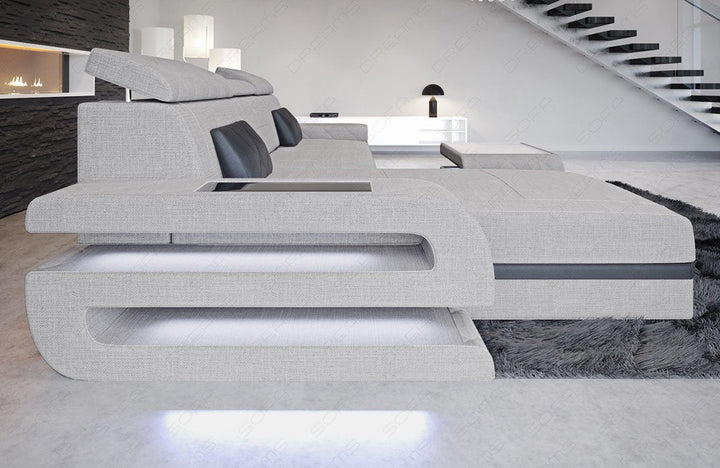 Stoffsofa Bologna Mini L Form mit LED und USB Anschluss in macchiato - Hugo2 Akzentfarbe schwarz