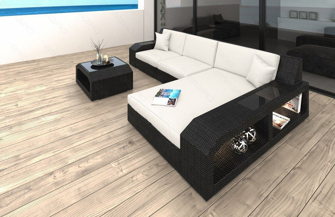 Rattan Ecksofa Matera L Form mit Polsterauflagen in Creme und LED-Beleuchtung