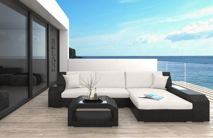 Rattan Sofa Matera L Form mit Polsterauflagen in Creme und LED-Beleuchtung