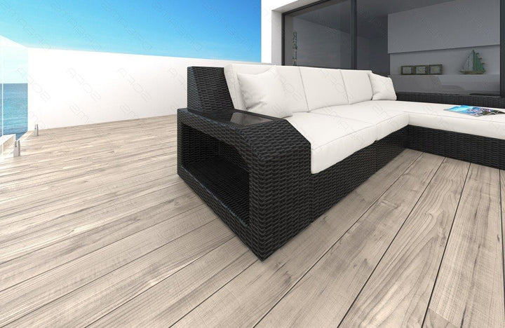 Rattan Ecksofa Matera L Form mit Polsterauflagen in Creme und LED-Beleuchtung - Detailansicht kleine Armlehne