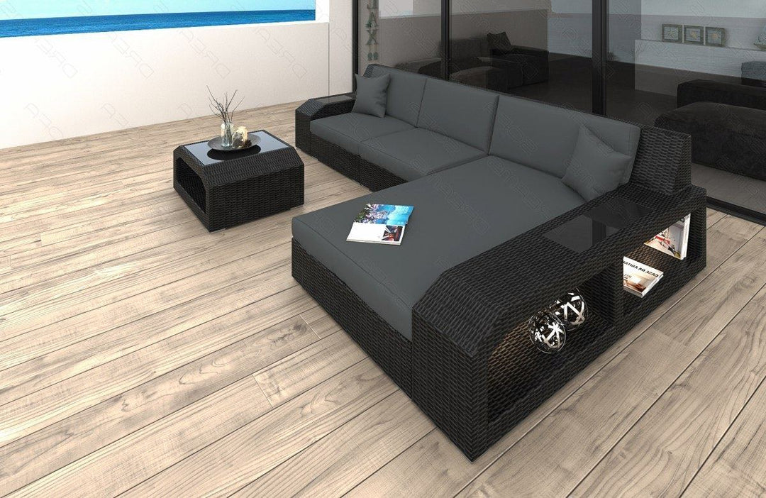 Rattan Ecksofa Matera L Form mit Polsterauflagen in Grau und LED-Beleuchtung