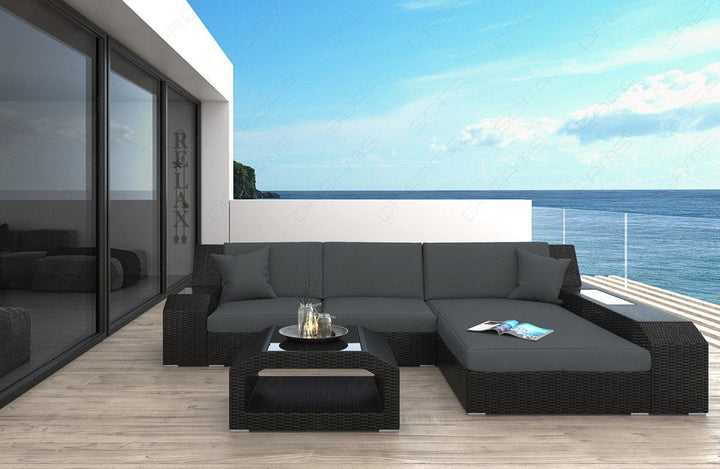 Rattansofa Matera L Form mit Polsterauflagen in Grau und LED-Beleuchtung 