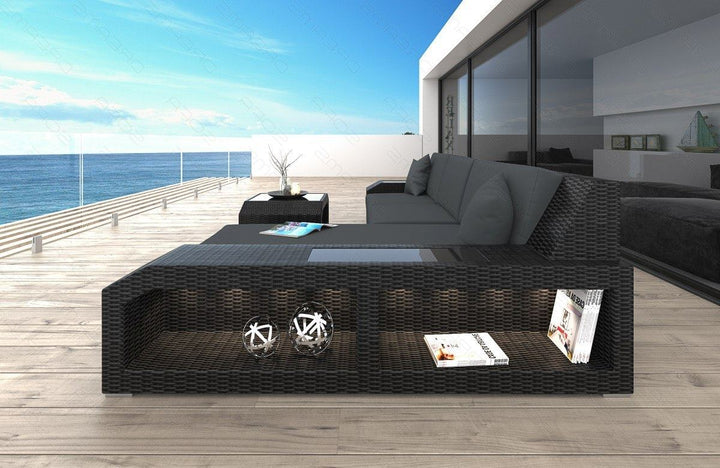 Rattan Ecksofa Matera L Form mit Polsterauflagen in Grau und LED-Beleuchtung - Detailansicht groÃŸe Armlehne