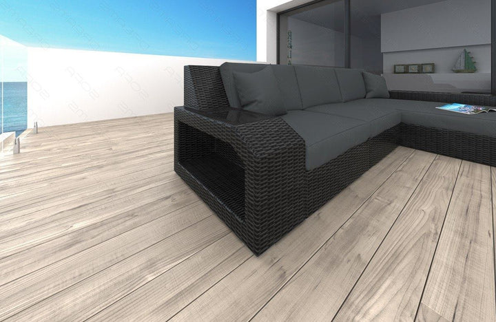 Rattan Ecksofa Matera L Form mit Polsterauflagen in Grau und LED-Beleuchtung - Detailansicht kleine Armlehne