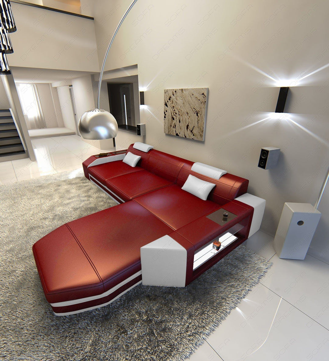 Luxus Ledersofa Prato L Form in rot-weiss