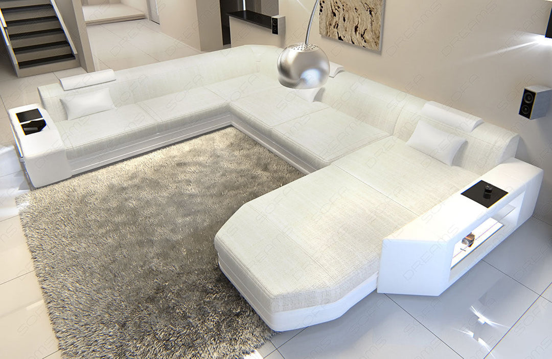 XXL Sofa Prato als Mini U Form Stoffsofa mit LED-Beleuchtung in elfenbein - Hugo1 Strukturstoff